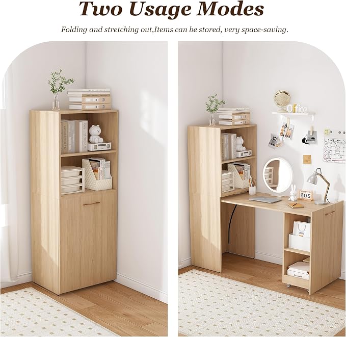 Foldable Expandable Desk Cabinet with Storage Shelves, Rolling Caster Base, Magnetic Closure, Retractable Workstation Unit for Small Spaces, Home Office Study Writing Table Organizer (Natural Wood)