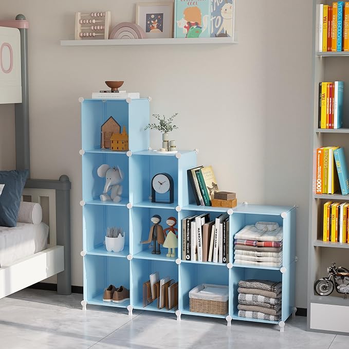 AWTATOS Cube Storage Organizer Protable Closet Organizers and Storage for Kids DIY Stackable 12 Cube Storage Shelves Clothes Organizer for Bedroom, Home, Blue