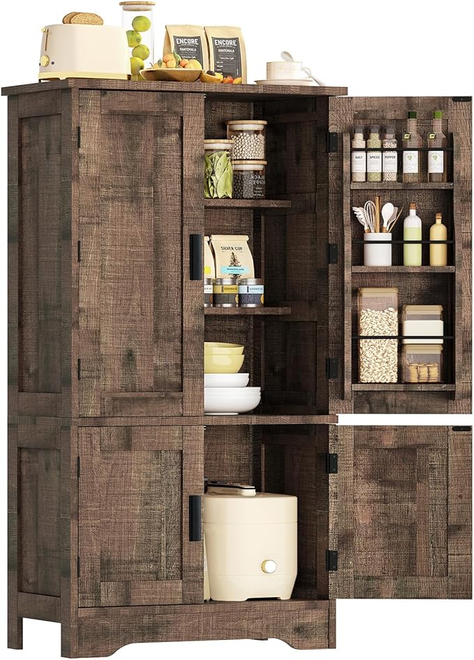 TEENFON Storage Cabinet with 4 Doors, 43.3" H Farmhouse Kitchen Cabinet with 6 Door Shelves, Kitchen Storage Cabinets with Adjustable Shelves, for Living Room, Antique Oak