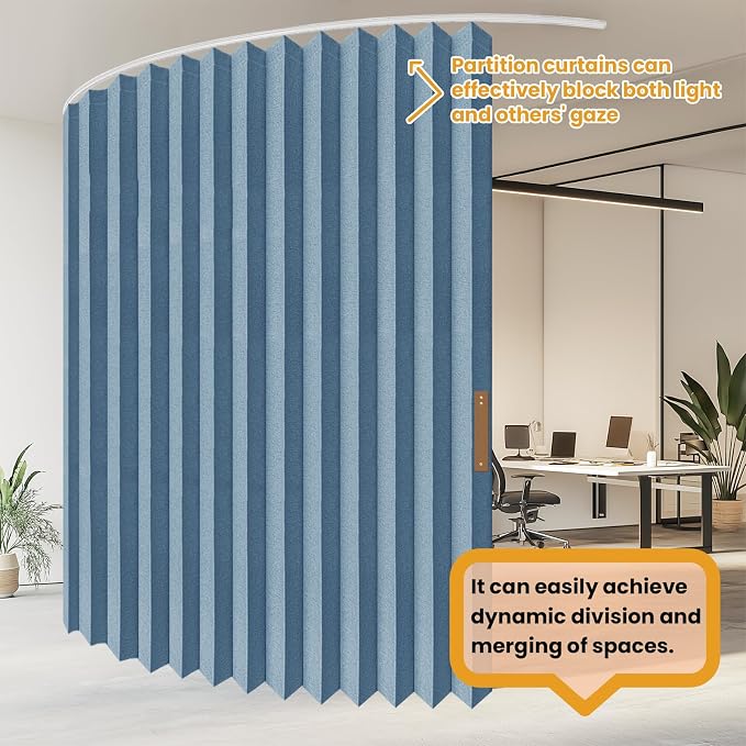 JILRON Accordion Partition Curtain with Ceiling Track - Space-Saving Room Divider, Tool-Free Installation(Blue 180" W x 108" L-Pack of 1)