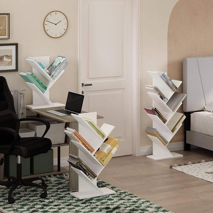 Furinno Tree Book Shelf, 3-Tier Bookshelf with Angled Open Shelf, Tree Bookcase for Room Decor, 8.4 x 15.7 x 21.3, for Organization and Storage, for Living Room, Bedroom, Home Office, White
