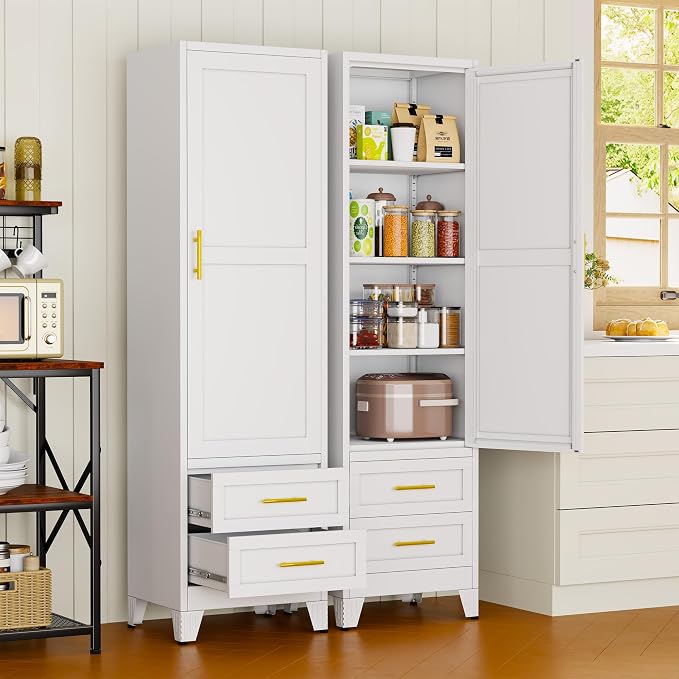 67" Tall Narrow Metal Storage Cabinet, Freestanding Pantry Organizer, White | Slim Bathroom Cabinets with 2 Drawers & 3 Adjustable Shelves, Multi-Use Cupboard for Kitchen Office Living＆ Dining Room