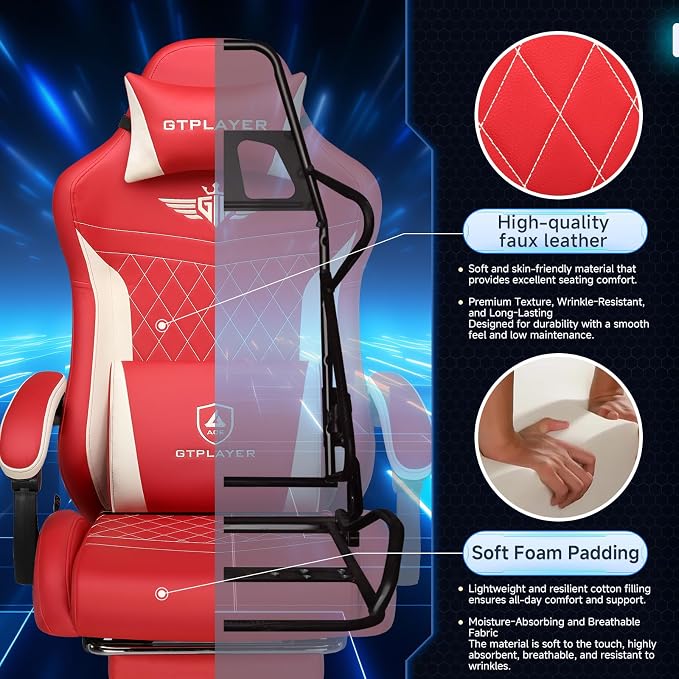 GTPLAYER Gaming Chair, Video Game Chairs with Footrest and Lumbar Support, Computer Chair for Adults with Extended Backrest, Ergonomic Reclining Silla Gamer, PU-Leather, Red