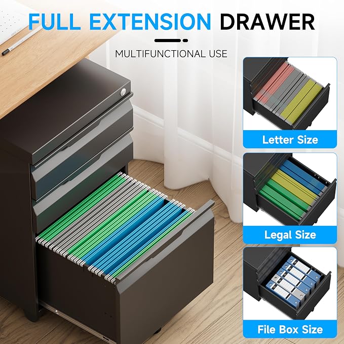 Bestoo Mobile File Cabinet with Lock, 3 Drawer Filing Cabinet, Under Desk Metal Rolling Filing Cabinets for Home Office, Fits Letter/Legal/A4 Size File, Easy Assembly