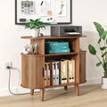 Fiogmub Round Printer Stand with Charging Station & USB Ports, 35.4 x15.7 x 30 Inches Large Printer Table 3 Tier with Storage Shelf for Home Office (Walnut)