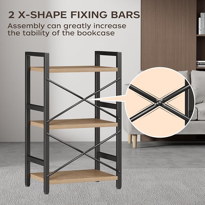 Homeiju Bookshelf, 3 Tier Industrial Bookcase, Metal Small Bookcase, Rustic Etagere Book Shelf Storage Organizer for Living Room, Bedroom, and Home Office(Light Coffee) Patent Pending D29873033