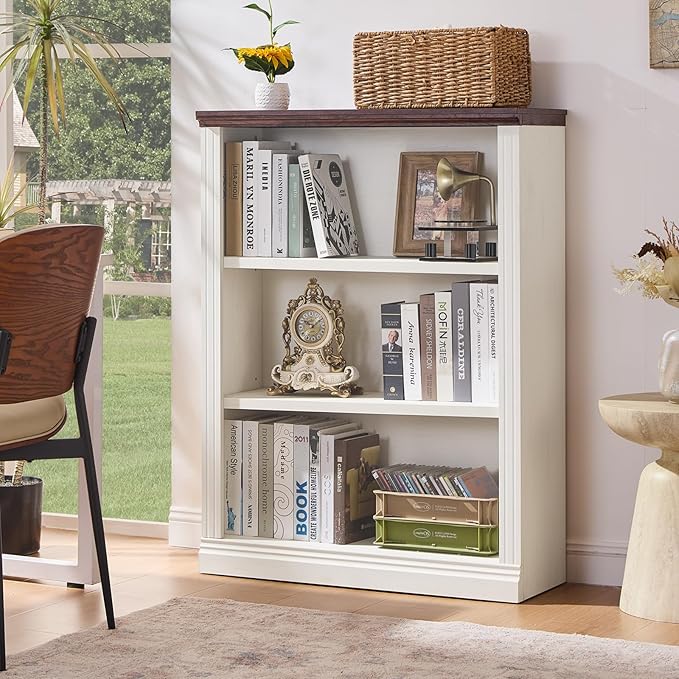 RWYHG 43" White Tall Bookshelf Set of 3,3-Tier Thick Wooden Book Shelf with Adjustable Shelves,Free Standing Farmhouse Bookcase with Open Display Storage,Floor Vintage Bookshelves for Living Room