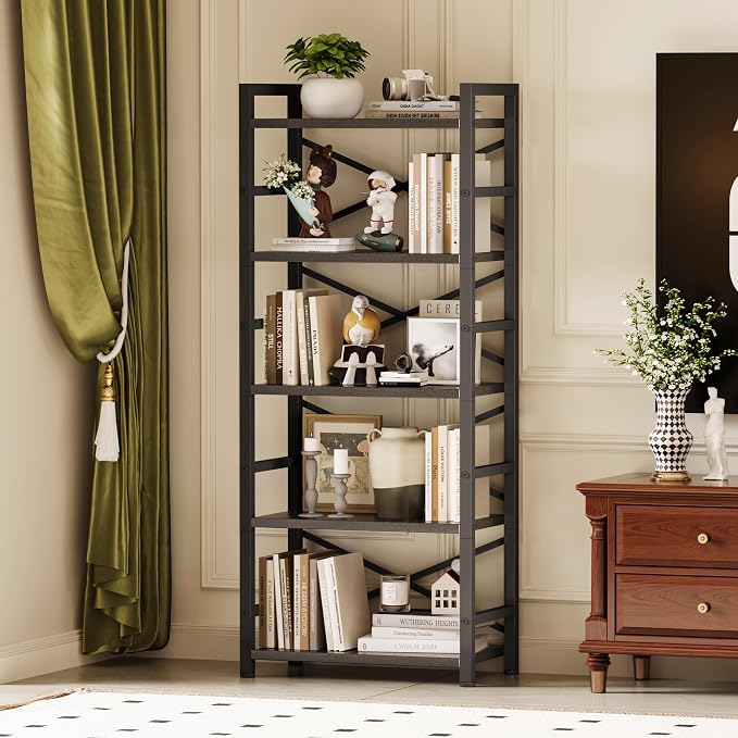 Homeiju Organization and Storage,Tall Bookcase with Shelves, Wood and Metal Book Shelf Storage Organizer, Industrial Display Standing Shelf Unit for Bedroom, Living Room, Black