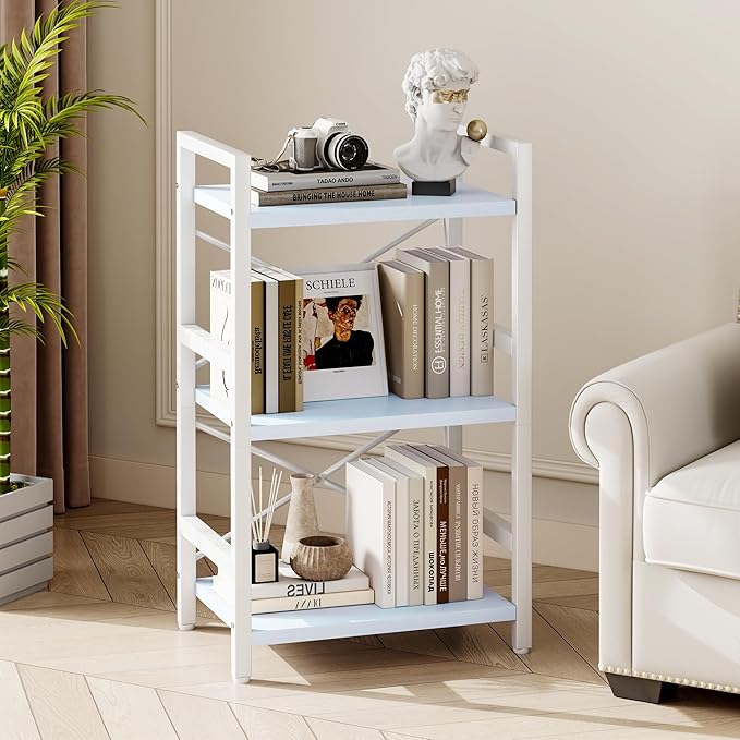 Homeiju Bookshelf, 3 Tier Industrial Bookcase, Metal Small Bookcase, Rustic Etagere Book Shelf Storage Organizer for Living Room, Bedroom, and Home Office(Blue) Patent Pending D29873033