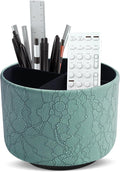 Round Leather Art Supply Organizer,Remote Control Holder,360 Degree Spinning,Multi-Functional Pencil Holder,4 Compartments Desktop Stationary Organizer(1-Lace Flower Green2)