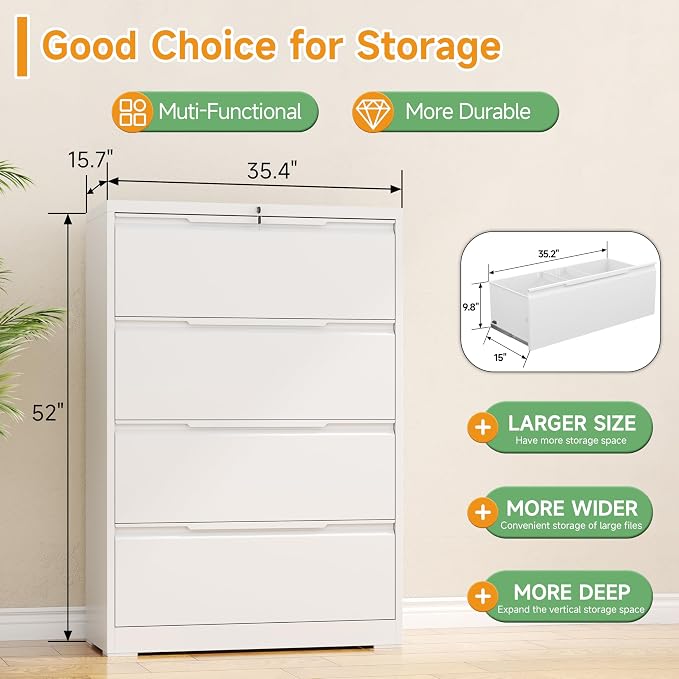 4 Drawer Lateral File Cabinets with Lock,Metal Filing Cabinet for Home Office,Wide Office Storage Cabinet with Hanging Bars for A4 Legal/Letter Size(White-Easy Assembly)