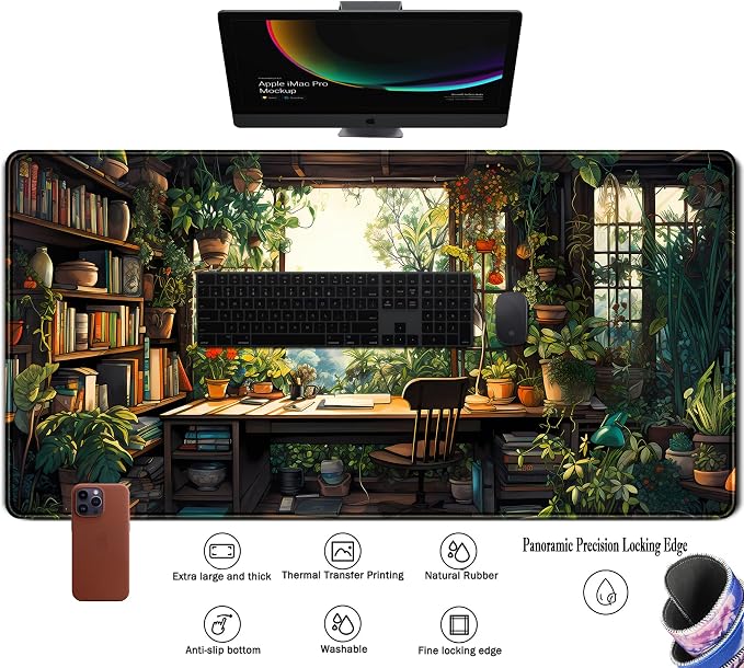 Green Plant Lovers Cute Desk Mat, Kawaii Desk Pad XXL Large Extended Lofi Mouse Pad Gaming Anime Mousepad, Big Laptop Computer Keyboard and Mouse Mat for Girl Women Office Desk Decor 31.5x15.7 in