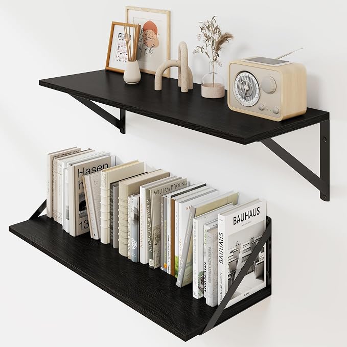 Heimlove Black Deep Floating Shelves for Wall, 24W x 8D Wood Wall Shelves Set of 2, Wide Floating Bookshelf for Living Room, Kitchen, Office, Bedroom and Decor Storage, with Metal Bracket - Black