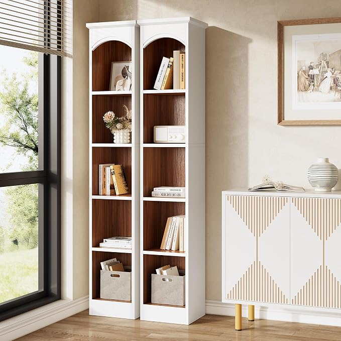 LITTLE TREE 70.9" Tall Bookshelf, 5-Tier Open Bookcase with Cubes, Bookshelves with Storage Space, Freestanding Narrow Bookcase for Home Office, White, 2 Pack