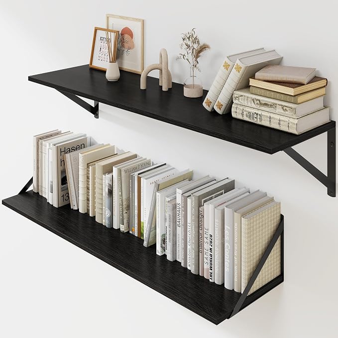 Heimlove Black Deep Floating Shelves for Wall, 32W x 8D Wood Wall Shelves Set of 2, Wide Floating Bookshelf for Living Room, Kitchen, Office, Bedroom and Decor Storage, with Metal Bracket - Black