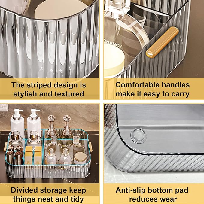 DASITON Large Capacity Makeup Organizer,12 Slots Makeup Brush Holder,Makeup Storage with Handle,Vintage Striped Cosmetic Organizer for Bathroom Countertops,Desk Storage Container(Clear)