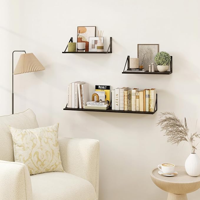 Heimlove Black Deep Floating Shelves for Wall, 16W x 8D Wood Wall Shelves Set of 2, Wide Floating Bookshelf for Living Room, Kitchen, Office, Bedroom and Decor Storage, with Metal Bracket - Black
