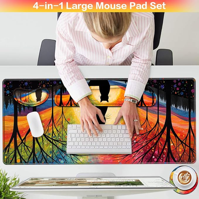 Mouse Pad with Wrist Rest Black Cat, 4-in-1 Large Mousepad+Keyboard Wrist Rest+Mouse Pad Wrist Support+Cup Pad Set,Ergonomic Mousepad,Memory Foam Desk Mat for Home Office Gaming(35.4×15.7in)