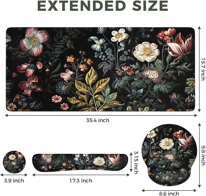 iCasso Desk Cover Mat, 4in1 Floral Large Mouse Pad with Wrist Rest, Desk Matt for Desktop, Anti-Slip XXL Big Computer Ergonomic Mousepad with Wrist Support for Keyboard and Mouse (Elegant Flowers)