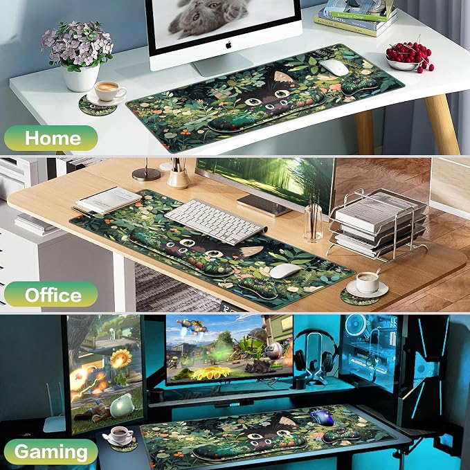 Mouse Pad Anime, Mouse Pad with Wrist Rest, 4-in-1 XXL Large Desk Mat Kawaii Mousepad with Gel Wrist Support Keyboard Wrists Rest Coaster, Ergonomic Gaming Cat Desk Pad, Funny Cute Office Accessories