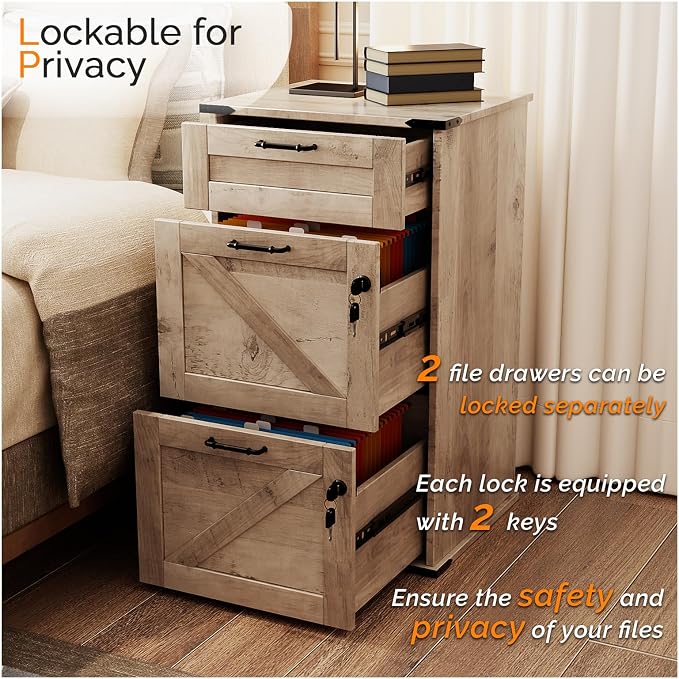 VINGLI 3 Drawer File Cabinet with Lock, Home Office Filing Organizer, for Letter Size File Folder Storage, Modern Farmhouse Style, Wood Vertical Filing Cabinet, Archivador (Rustic Gray)