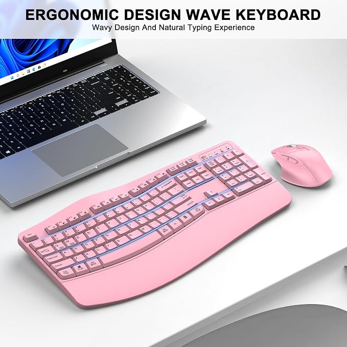 Wireless Keyboard and Mouse Combo, 2.4G Full Size Wave Keys Ergonomic Keyboard with Wrist Rest and 3-Level DPI Adjustable Wireless Ergonomic Mouse for Windows, Mac OS Desktop/Laptop/PC(Pink)