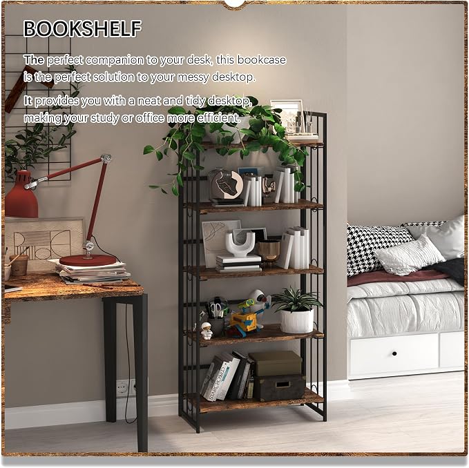 4NM No Assembly 5 Tiers Folding Bookshelf, 59.4" H Foldable Storage Shelves Vintage Bookcase Standing Racks Study Organizer Home Office - Rustic Brown Black