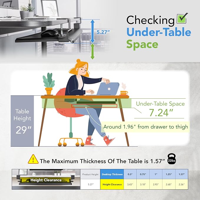 EHO Under Desk Keyboard Tray, Large 27.5" x 12.2" Slide-Out Clamp-On Drawer with Steel C-Clamps, Ergonomic Platform Fits Full-Size Keyboard and Mouse, Tool-Free Installation, TAA-Compliant