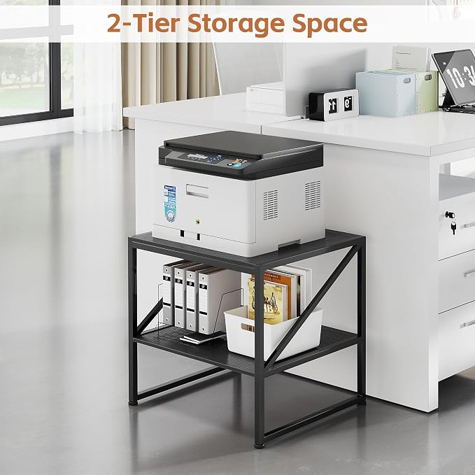 2-Tier Large Priner Stand with Charging Station, 20"×20" Under Desk Printer Table with Power Outlets and USB Ports for Home Office, Mini Fridge Stand, Storage Shelf for Scanner Fax Machine, Black