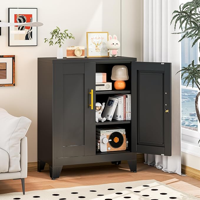 winiowa Tall Metal Storage Cabinet with Lock, Locking File Cabinet with 2 Doors and 2 Adjustable Shelves, Black Lockable Organizer for Home Office Garage（27.6" W）
