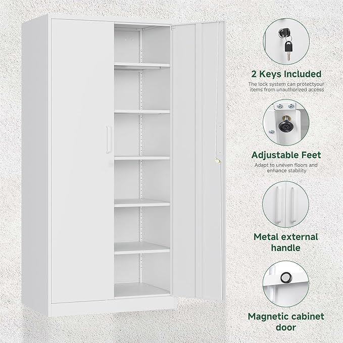 Letaya Metal Storage Cabinet with Lock Door Adjustable Shelf,72" Steel Lockers for Office, Home,School,Kitchen,Garage Tool Utility Cabinet (2 Door-White)