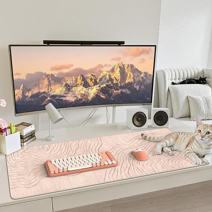 iCasso Big Mouse Pad,Aesthetic Desk Cover Mat for Desktop,Anti-Slip Computer Mat with Stitched Edges,Cute Beige Keyboard Mat for Women,Extended Long Desk Protector for Office Home Dorm