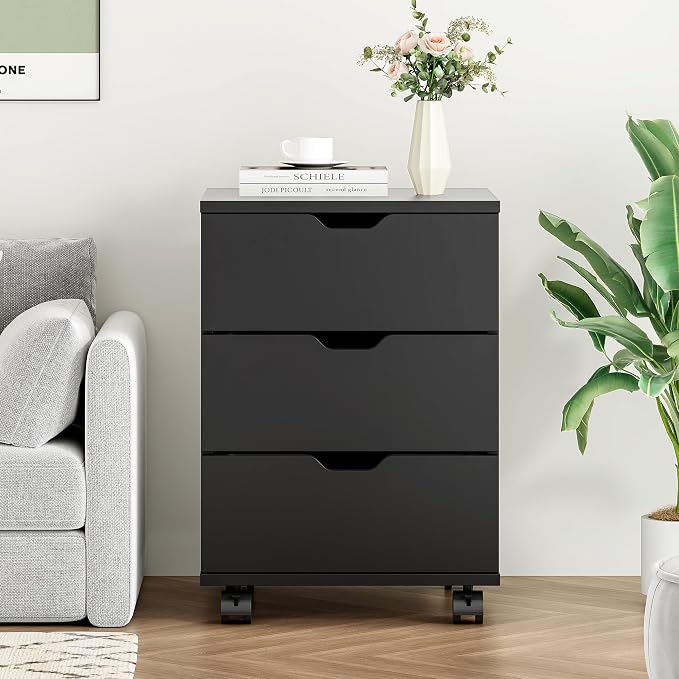 Farini 3-Drawer Under Desk Wooden File Storage Cabinet with Lockable Caster for Home Office,Black,Fully Assembly