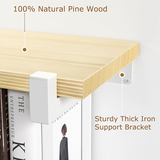 NANATI 2 Set of Floating Bookshelf with White Shelf Brackets, Pine Wood Invisible Bookshelf, Hanging Bookshelves for Wall, Unique Space Saving Wall Bookcase, White(16.5L×8.7W×1.5H)