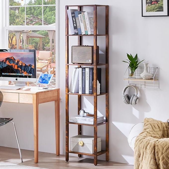 YUFAM 66in Tall Bookshelf 6-Tier Small Narrow Bookcase, Skinny Book Shelf for Small Space, Farmhouse Slim Shelf with Storage, Wood Freestanding Display Thin Bookshelves for Living Room, Office, Brown