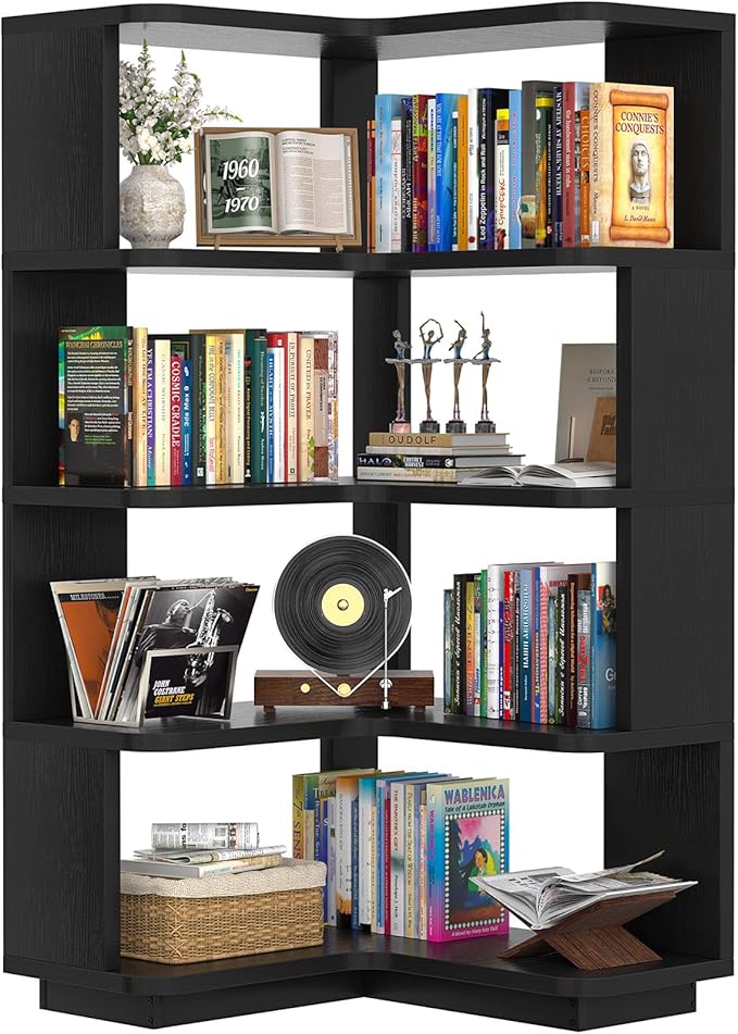 Armocity Corner Book Shelf - 5 Tier Corner Bookshelf Etagere Bookcase with Baffle, Freestanding L Shaped Display Shelf Stand for Home Office, Living Room, Bedroom, Kitchen, Black