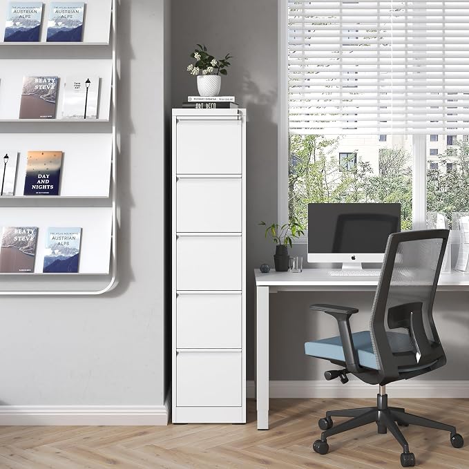 5 Drawer File Cabinet with Lock, Metal Vertical Filing Cabinets for Home Office, Steel Storage Cabinet for Hanging Legal/Letter Size Files, Assembly Required (White)