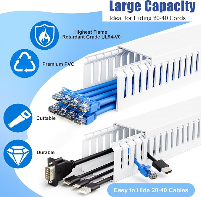 ZhiYo 66in(4X L16.5in) Professional Server Rack Cable Management Raceway, H2in x W2in Cable Raceway Kit, Electrically Safe PVC Open Slot Wire Raceway for Under Desk/Computer/Network Cords, White