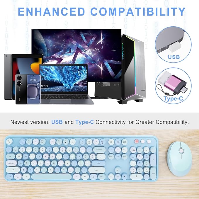 Wireless Keyboard and Mouse Combo, Ergonomic Full Size Typewriter Retro Round Keycaps Keyboard, Compatible with Windows, PC, Perfer for Home and Office Keyboards (Blue
