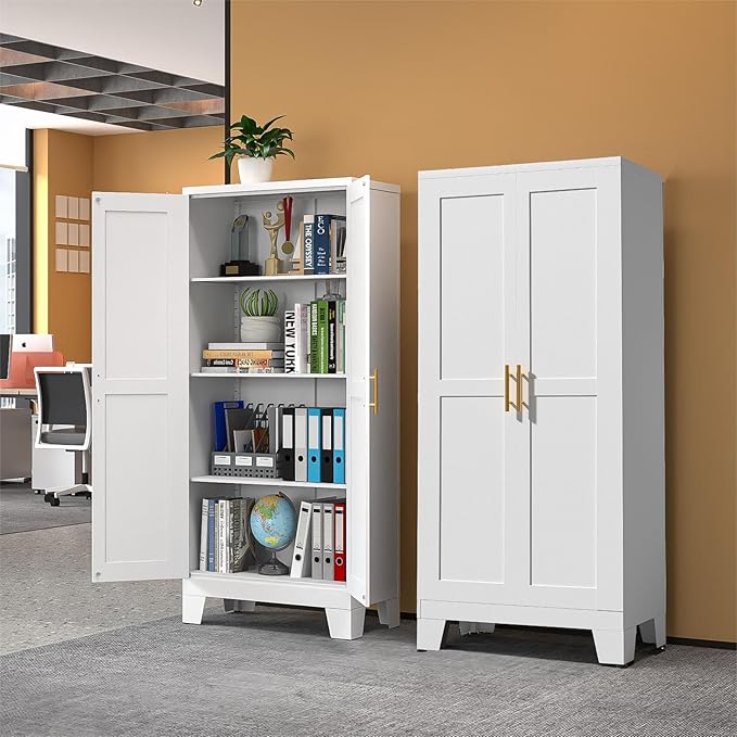 White Metal Storage Cabinet, 61" Steel Cabinets for Home Office, Kitchen Pantry Storage Cabinet with Doors and 3 Adjustable Shelves, Tool Cabinet, for Office, Home, Garage, School