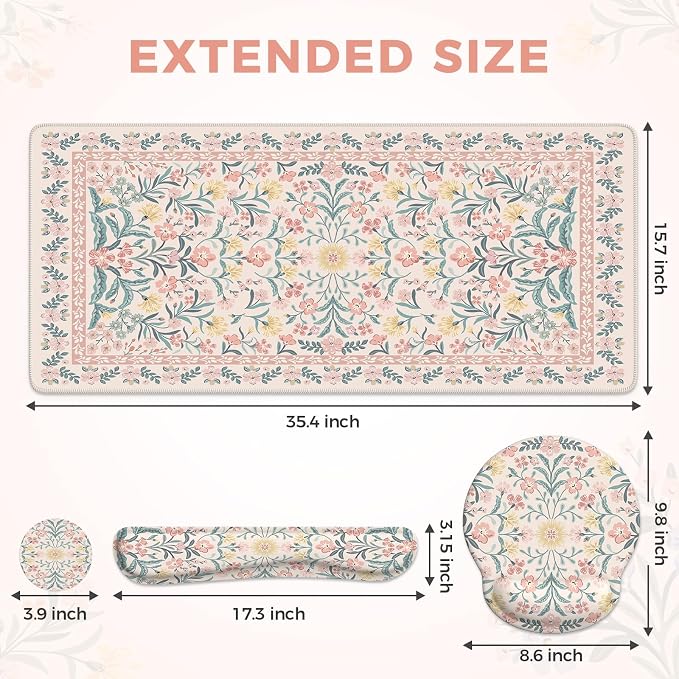 iCasso Desk Pad Mat, Large Mouse Pad and Keyboard Wrist Rest Set, Desk Protector Mat,4in1 Ergonomic Carpal Tunnel Keyboard Pad with Wrist Support for Desktop Cover Home Office Computer(Pink Flowers)