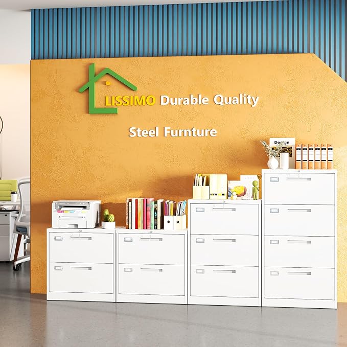Metal Lateral 2 Drawer File Cabinet with Lock, Wide Filing Cabinet for Letter/Legal/F4/A4 Hanging Files, Storage Cabinet for Home Office School, White