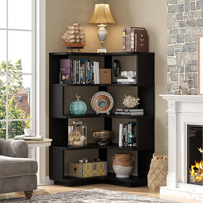 Armocity Corner Book Shelf - 5 Tier Corner Bookshelf Etagere Bookcase with Baffle, Freestanding L Shaped Display Shelf Stand for Home Office, Living Room, Bedroom, Kitchen, Black