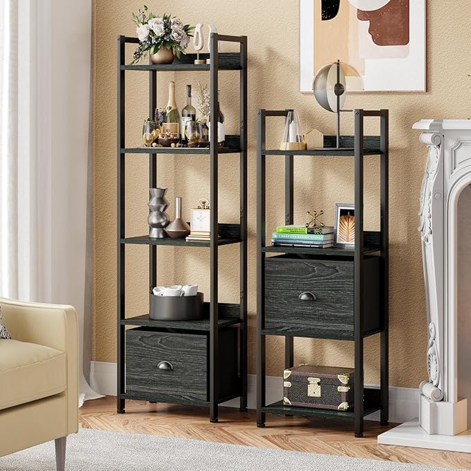 Furologee 5 Tier Bookshelf with Drawer, Kitchen Bakers Rack with Storage, Tall Narrow Bookcase, Industrial Free Standing Display Shelf, Wood and Metal Book Shelf for Bedroom, Living Room, Black