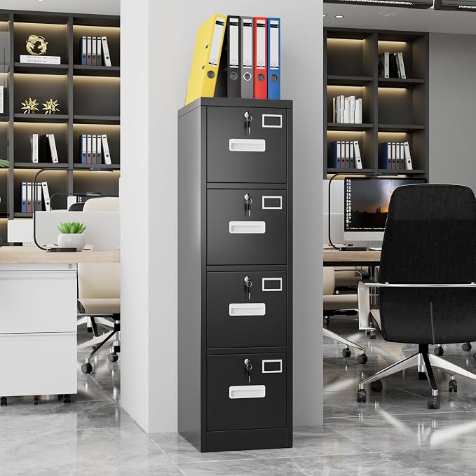 METAN Upgrade Metal 4 Drawer Files Cabinet for Home Office,Lockable Steel File Storage Cabinet with 4 Locks for Hanging Legal/Letter A4 Size, Assembly Required,Black