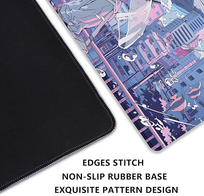 Japanese Fantasy City Boy Mouse Pad Desk Pad,Cute Kawaii Anime Mousepad,Large Extended Gaming Mouse Mat with Stitched Edges Non-Slip Waterproof Rubber Base Mous Mat for Desk Pad(27.5X11.8 in)