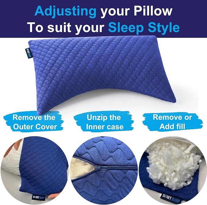 Sidney Sleep Adjustable Bed Pillow for Neck and Shoulder Support with Extra Shredded Fill - Cervical Contour Pillow for Side and Back Sleepers. Standard Size 19" x 26" CertiPUR-US Certified (Blue)
