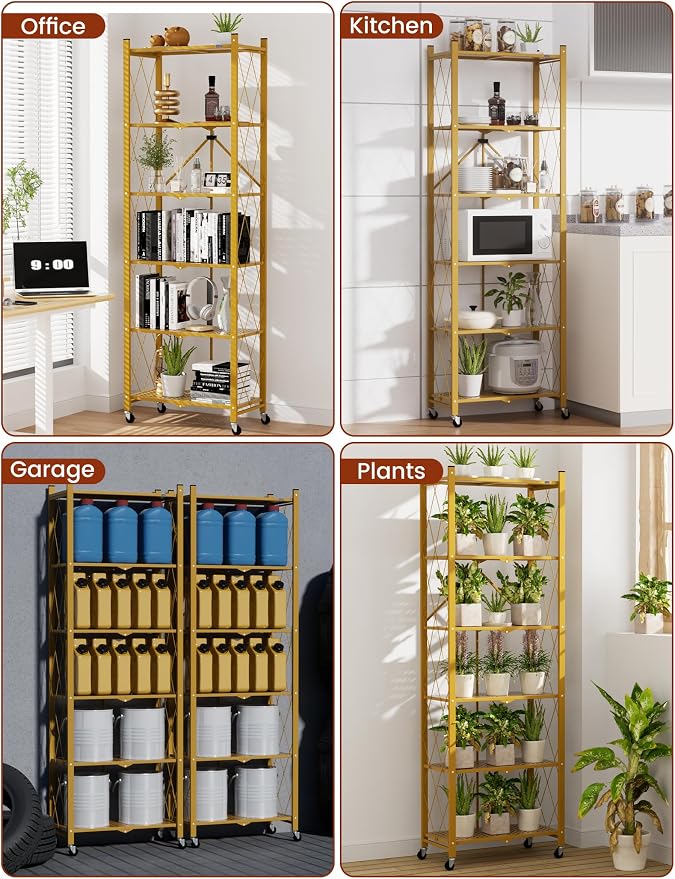 ALANNG 73.6 Inch Folding Bookshelf, 6 Tier Metal Bookcase and Bookshelves, Tall Shelves for Living Room Office Bedroom, Heavy Duty Book Shelve Free Standing Open (Gold, 3PACK)