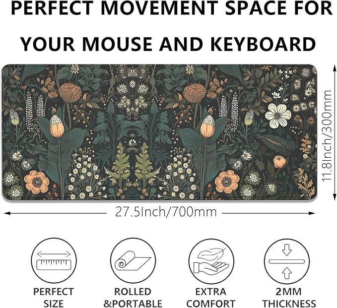 Dark Cottagecore Mouse Pad Floral Desk Pad,Botanical Mousepad, Vintage Desk Mat,Wildflower Mousepad with Stitched Edges Non-Slip Waterproof Rubber Base Mouse Mat for Office Work Home(27.5X11.8 in)