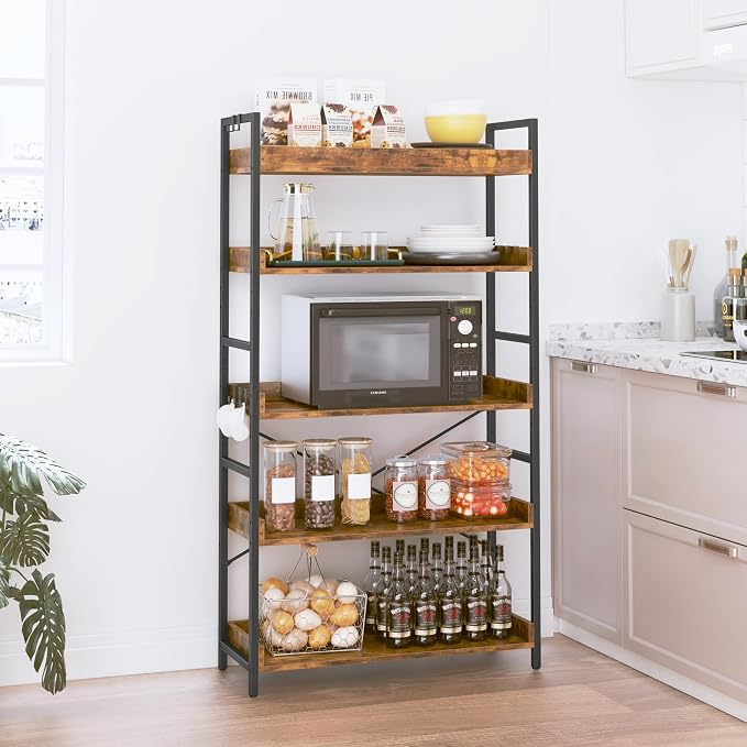 HCHQHS 5 Tier Bookshelf, Adjustable Industrial Bookcase, Vertical Tall Book Shelf, Wood and Black Metal Open Bookshelves for Home Office, Living Room, Bedroom